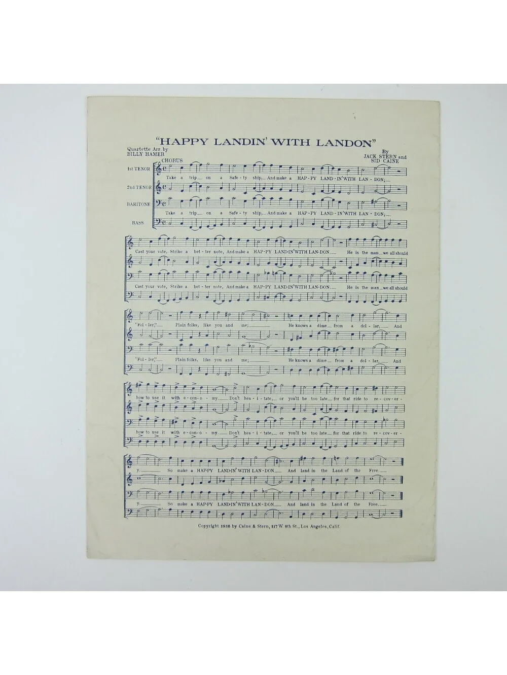 Alf Landon Presidential Campaign 1936 Sheet Music Happy Landin' With Landon